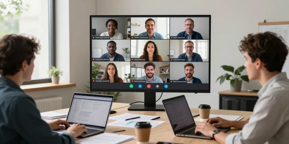 Team bei Videoanruf mit Live-Übersetzer App für Echtzeitübersetzungen.