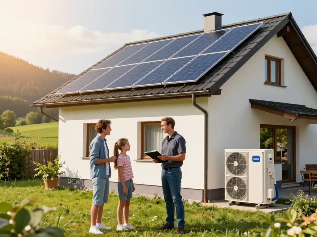 Familie bespricht mit Installateur Optionen für Solarpanels in Bayern.
