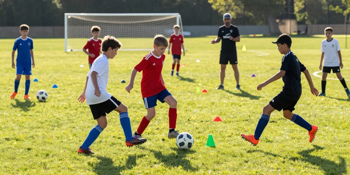 Jugendliche Fußballspieler trainieren mit Mantom Matchball und zeigen Teamgeist.