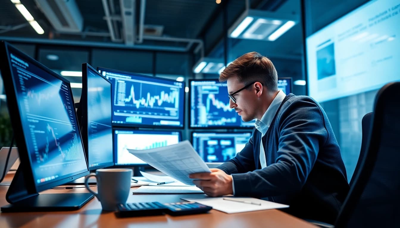 Finanzanalyse in einem modernen Büro mit einem Analysten, der Daten auf mehreren Bildschirmen studiert.