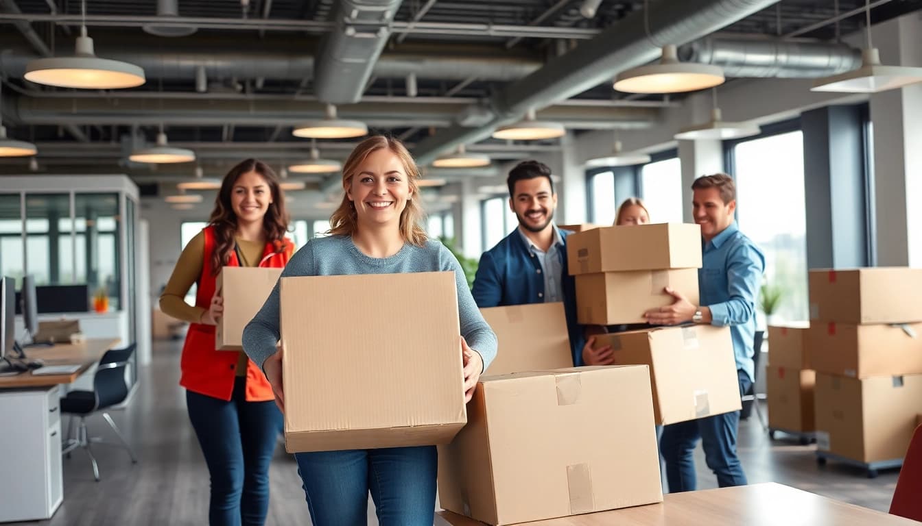 Büroumzug Berlin: Efficient office movers carefully wrapping and packing items in a modern workspace.
