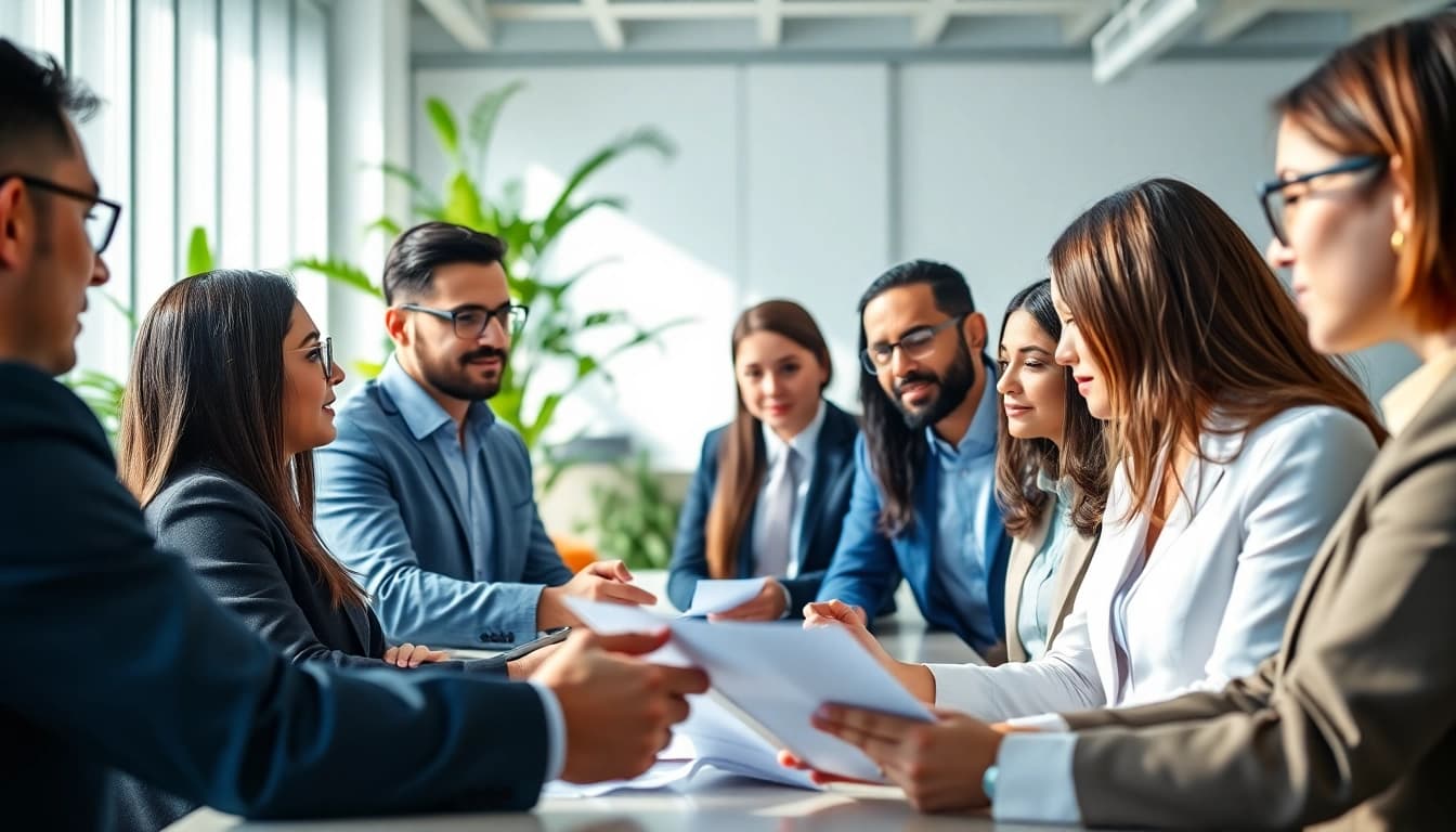 Globale Gesundheits- und Sicherheitsberater prüfen zusammen Sicherheitsprotokolle in einem modernen Büro.