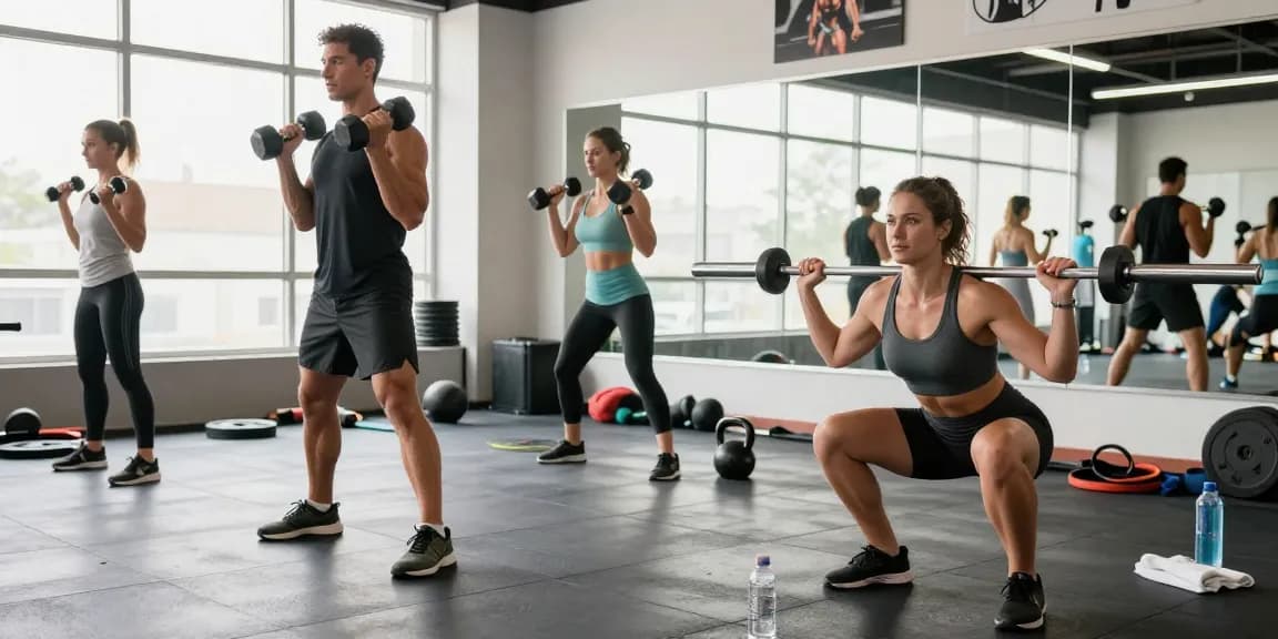Kraftsportler, die in einem vom Steroidshop inspirierten Fitnessstudio trainieren, und dabei Stärke und Hingabe zeigen.