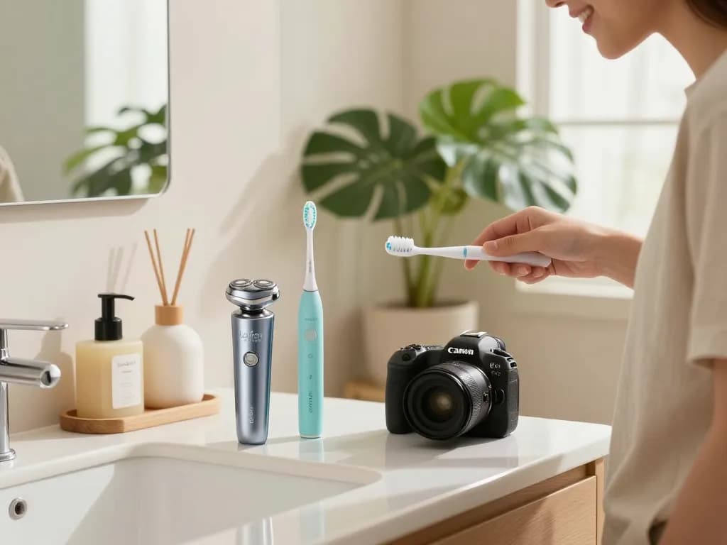 Laifen EU Elektrorasierer und Wave Zahnbürste in einem modernen Badezimmer während der Routinepflege ausgestellt.