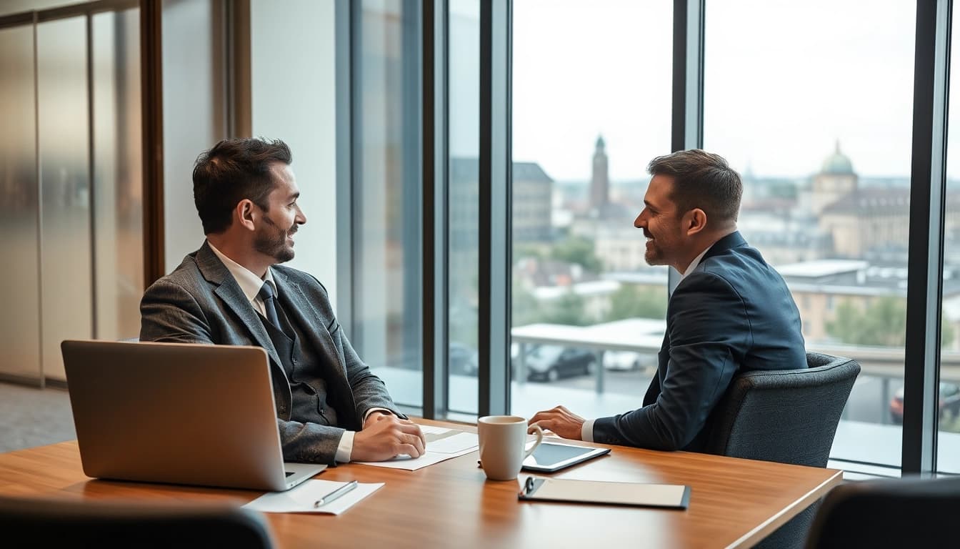 Headhunter Nürnberg zeigt einen professionellen Berater im Gespräch mit einem Bewerber in einem eleganten Büro.