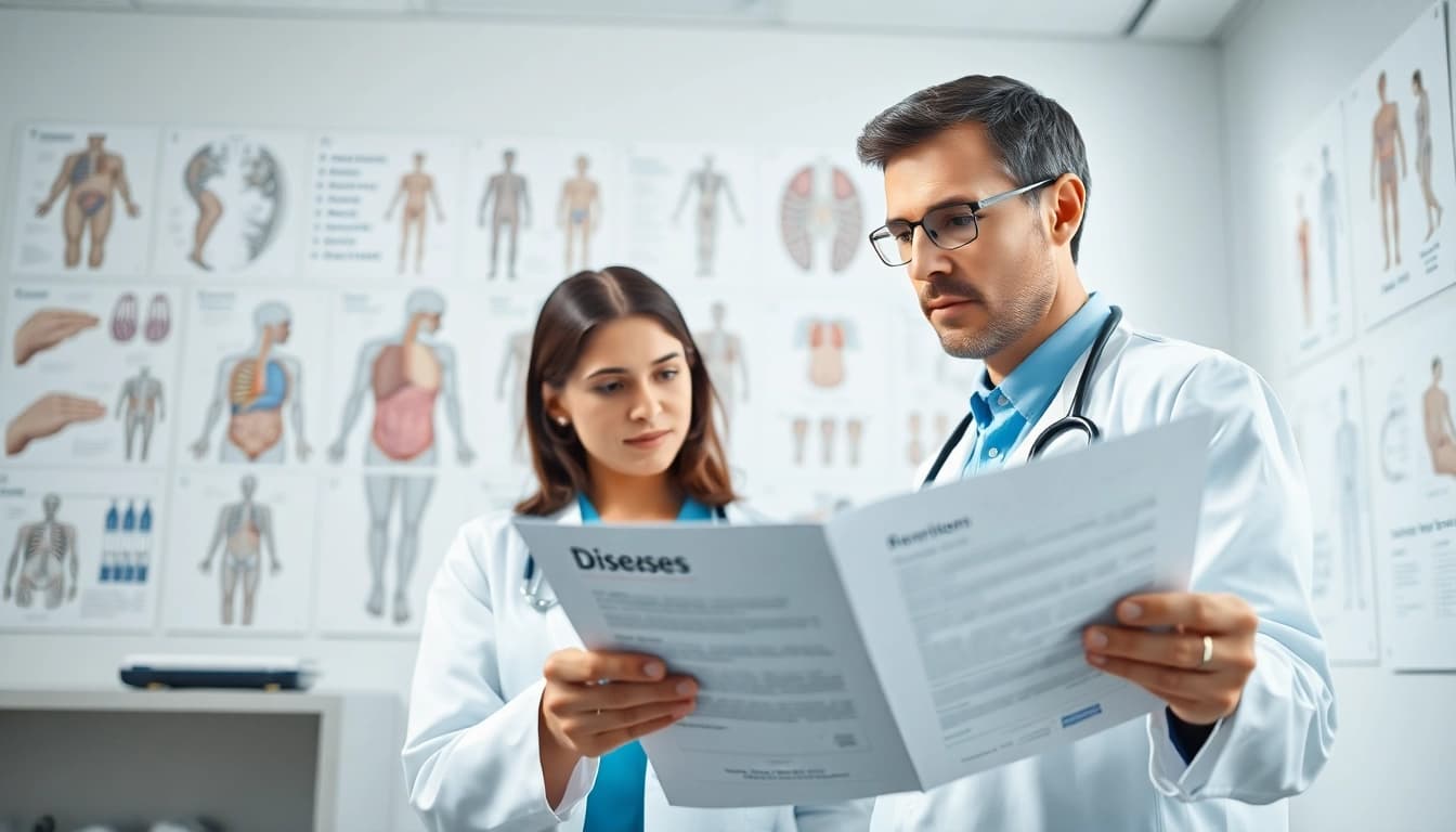 Krankheiten Informationen durch Arzt, der Patientenunterlagen in klinischem Raum überprüft.