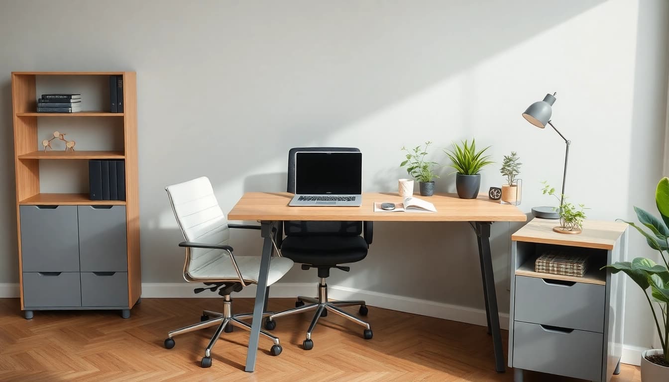 Büromöbel in einem stilvollen Büro, das ergonomische Schreibtische und Stühle umfasst.