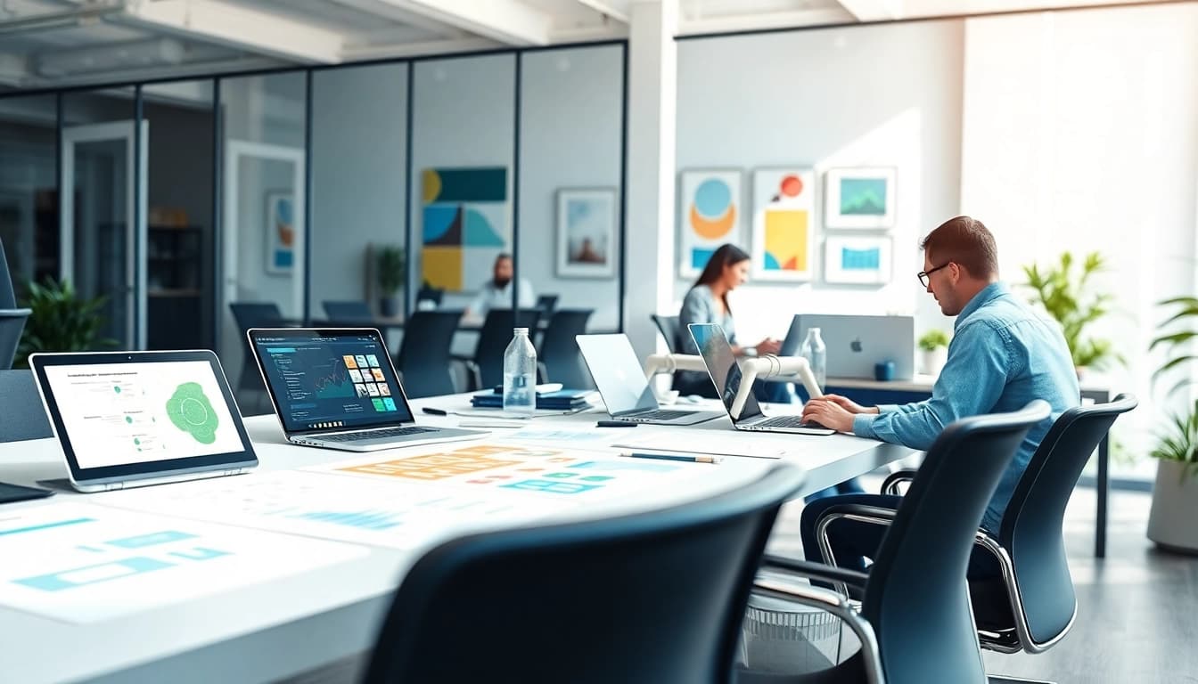 Webdesign Agentur mit kreativen Designern an Laptops, die innovative Lösungen erstellen.