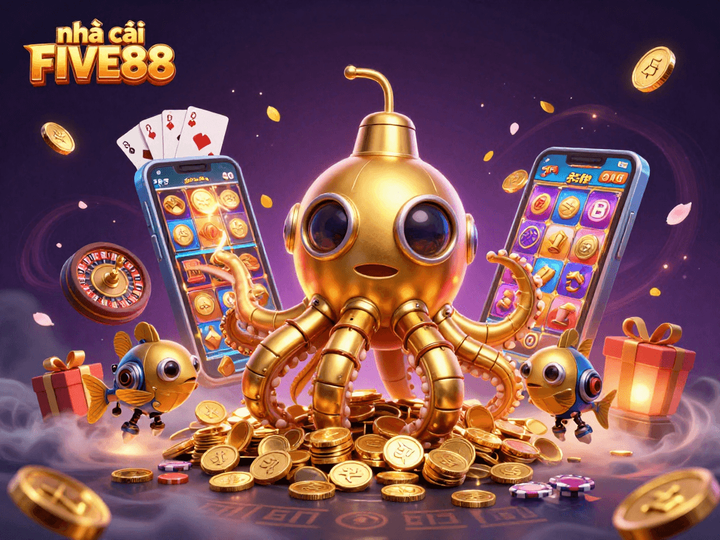 Experience excitement at nhà cái FIVE88 with a vibrant underwater gaming adventure featuring a golden kraken and dynamic casino elements.