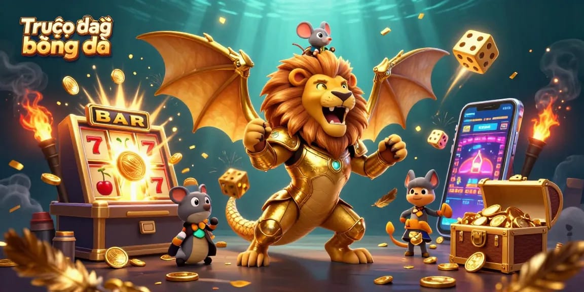 Experience Trực tiếp bóng đá excitement with a triumphant chimera and gaming elements in this dynamic illustration.