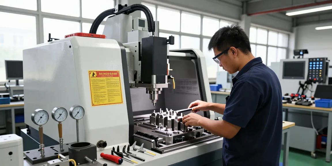 CNC-Technik in modernen Fertigungsumgebungen, Techniker bedient hochpräzise Maschine.