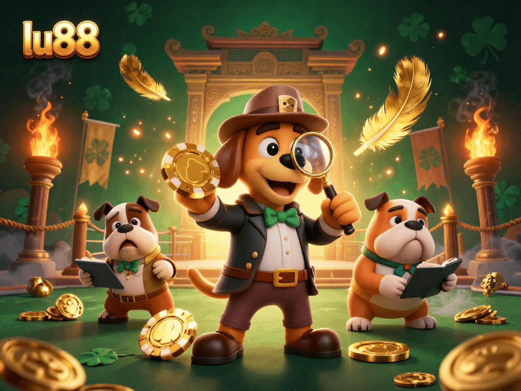 Experience excitement at lu88 with a detective uncovering poker clues in a rich casino scene.