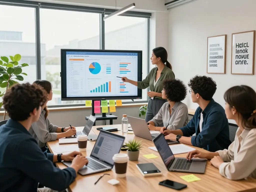 Team collaborating on digital marketing strategies at https://lode884.co.com/ in a modern office.