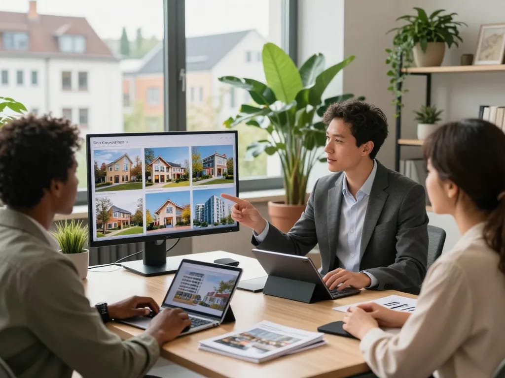 Immobilienmakler in Frankfurt Sachsenhausen, der Kunden bei Immobilienangeboten in einer modernen Büroumgebung unterstützt.