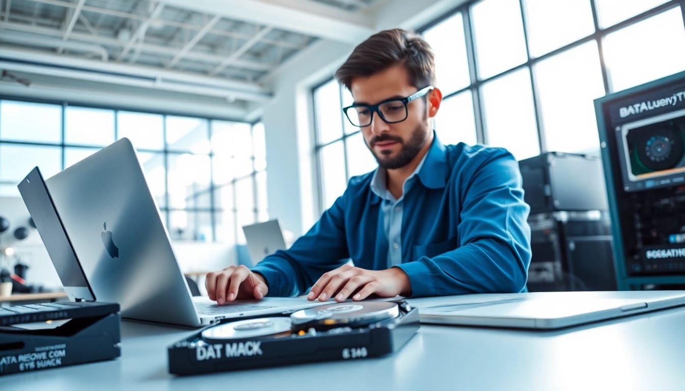 Datenrettung Festplatte Wien: Techniker arbeitet an einer Computerfestplatte in einem modernen Büro.