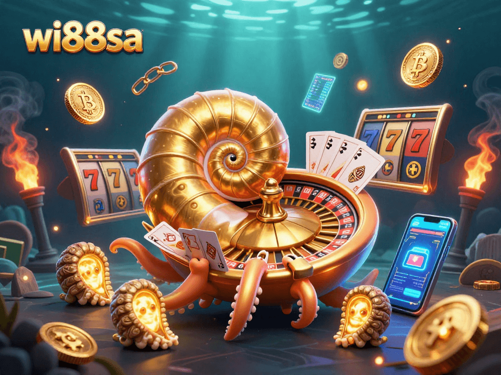 Engage with the vibrant world of wi88sa as a giant nautilus spins the roulette wheel amidst glowing crypto coins.