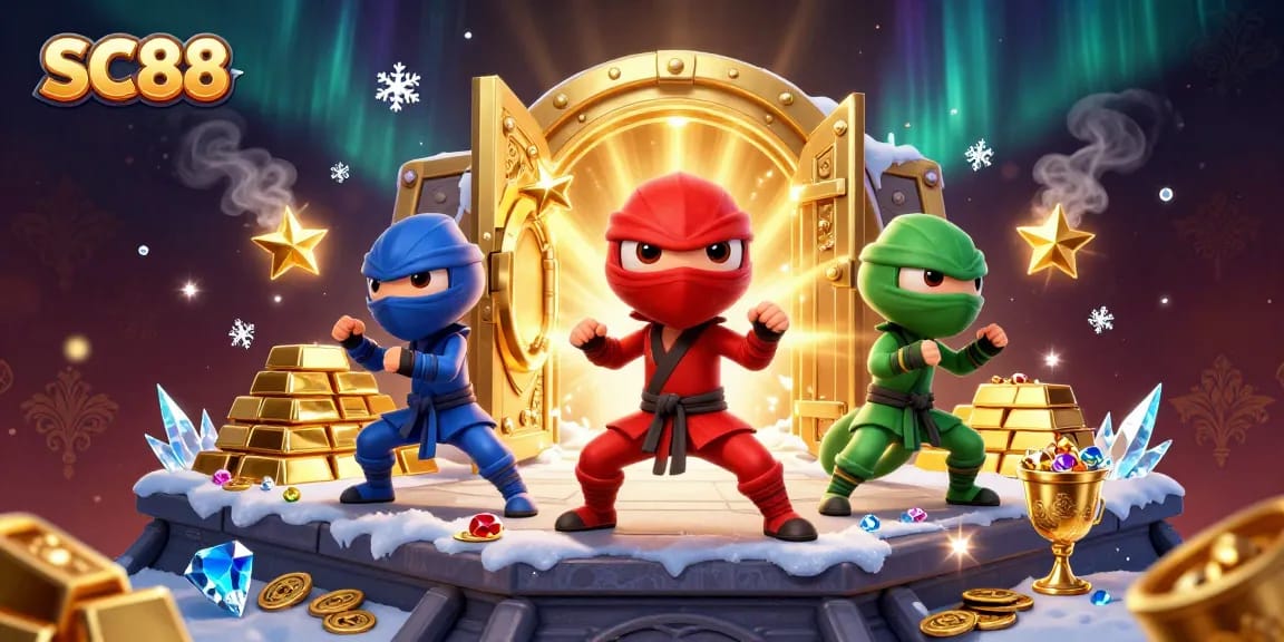 SC88 showcases chameleon ninjas amid gold treasures, performing thrilling martial arts.
