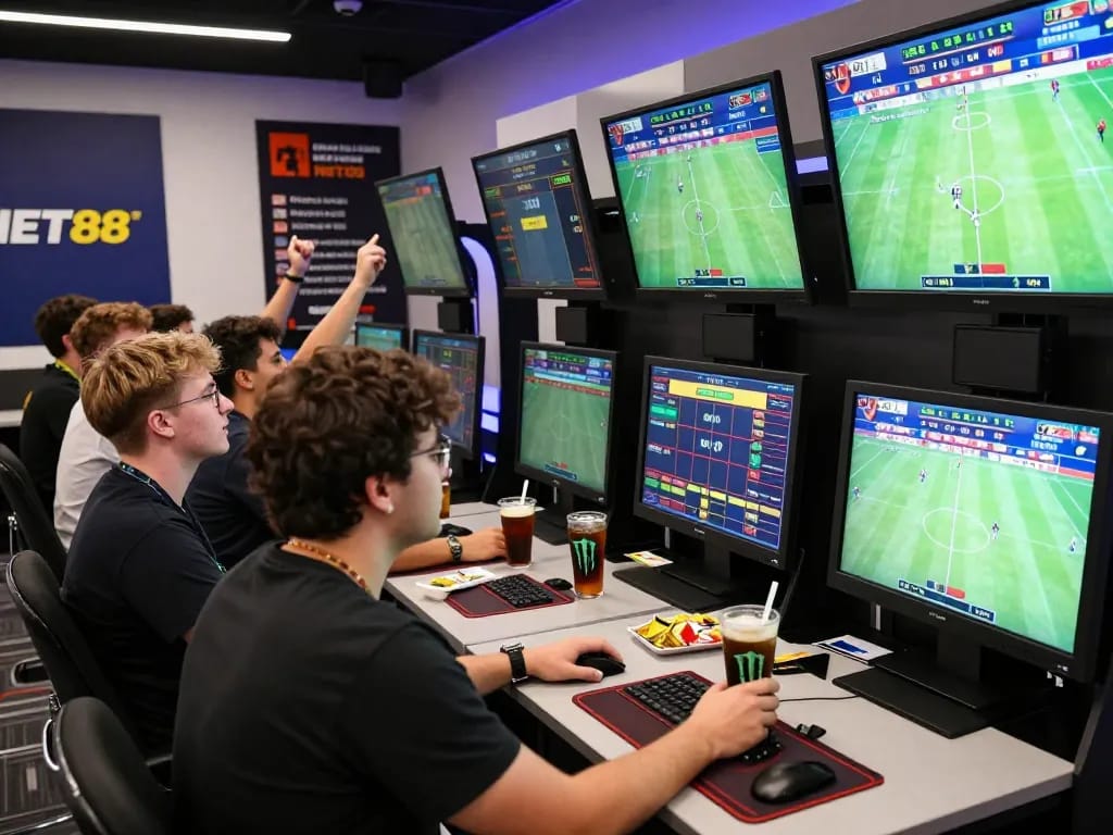 NET88 sports betting scene with diverse group placing bets in a vibrant atmosphere.