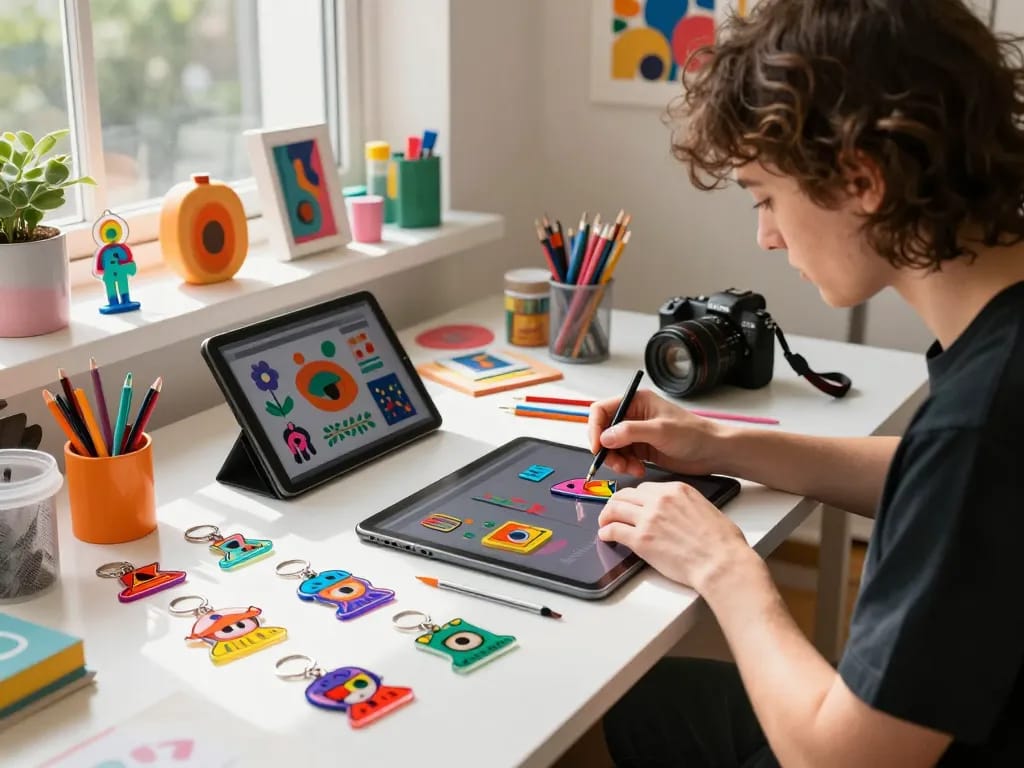 Custom acrylic keychains being designed by an artist in a bright workspace, showcasing creativity and craftsmanship.