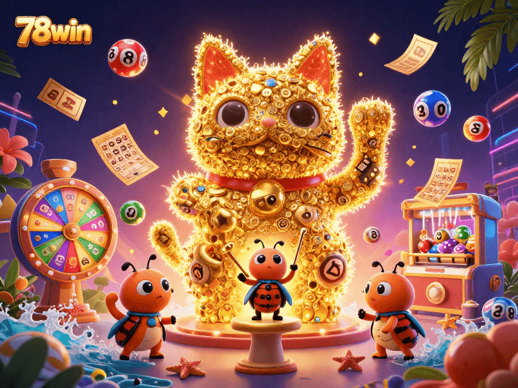 Engage with 78win's dynamic gaming world featuring vibrant lucky cat and colorful lottery elements.