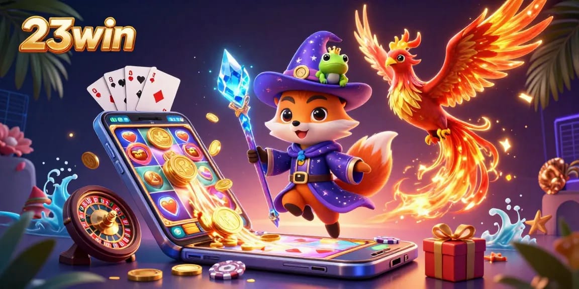 Engage with 23win's vibrant casino scene featuring magical elements, slot games, and rich visuals.