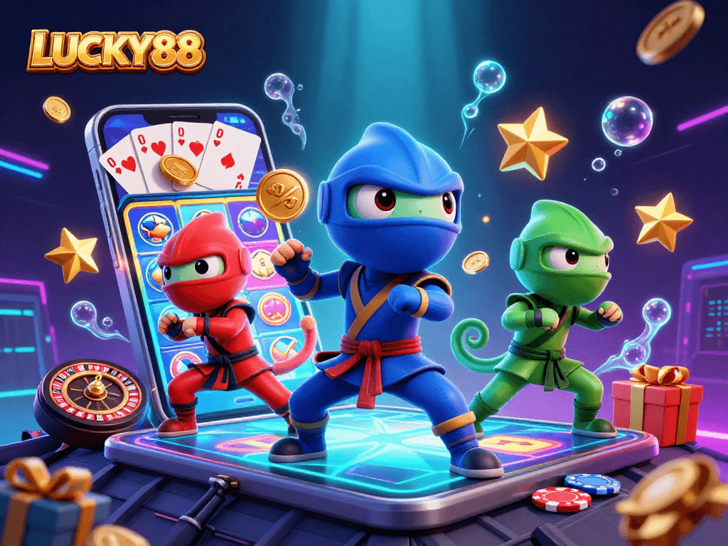 LUCKY88 animated chameleon ninjas perform dynamic martial arts atop a casino rooftop surrounded by gaming elements.