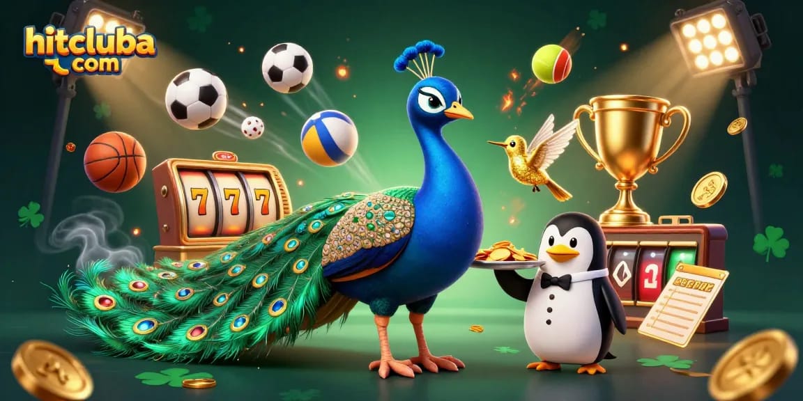 Win big at hitcluba com with a vibrant casino scene featuring a peacock and gold chips.