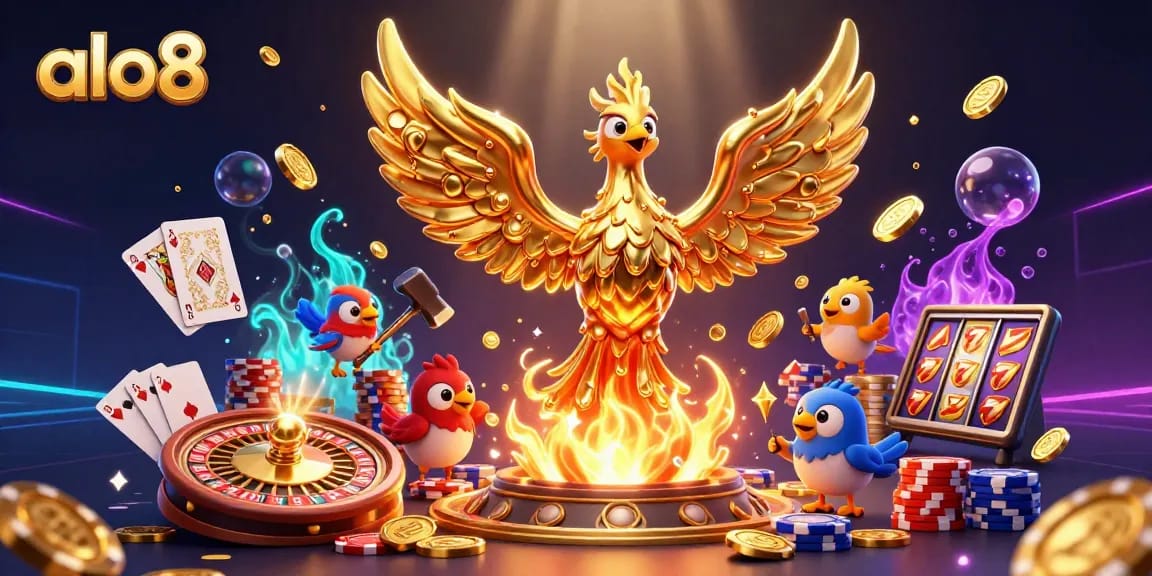 Play and win with alo8 as the golden phoenix rises in a vibrant 3D casino scene.