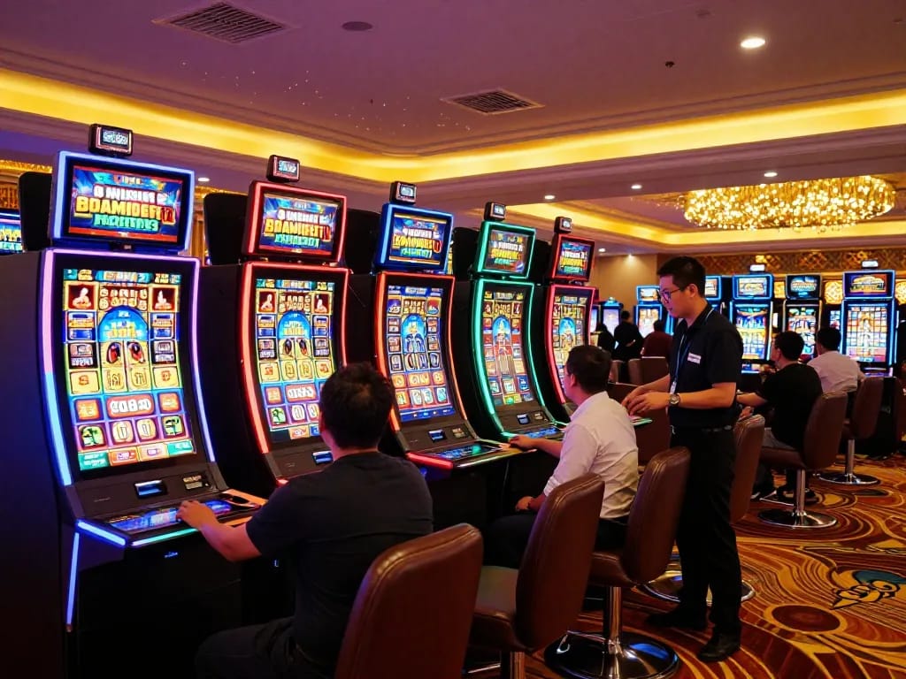 Players enjoying the vibrant atmosphere of GO88 casino slot machines, showcasing dynamic actions and excitement.