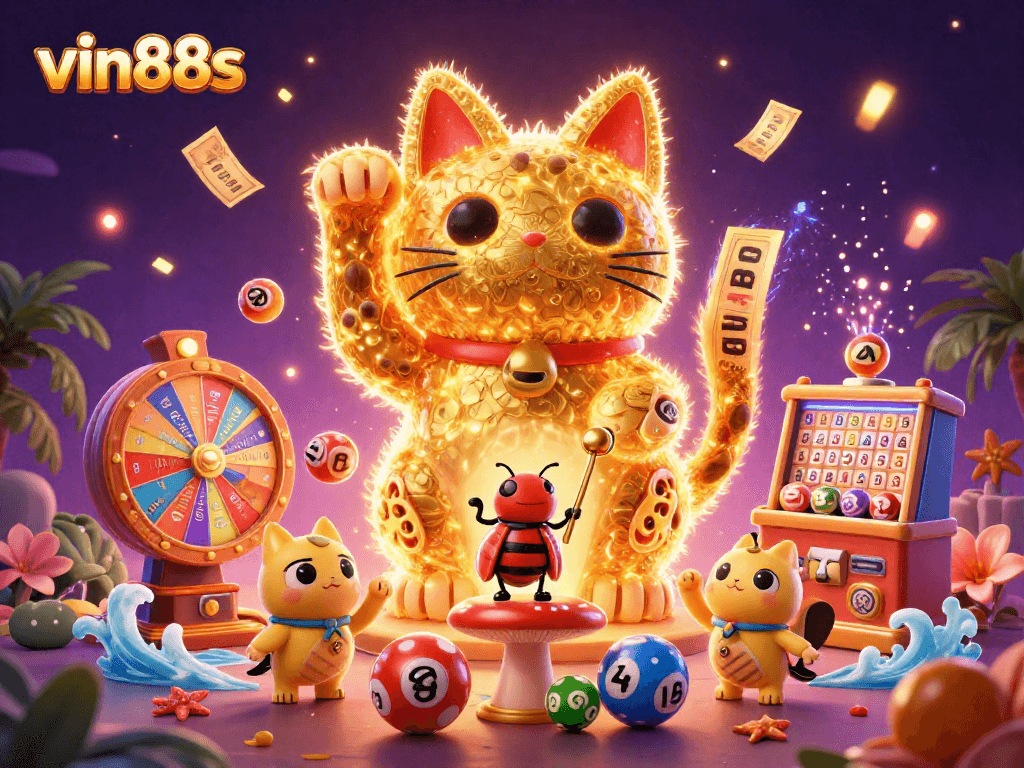 Join the excitement at vin88s, where dynamic lottery balls and a lucky cat create a vibrant casino atmosphere.
