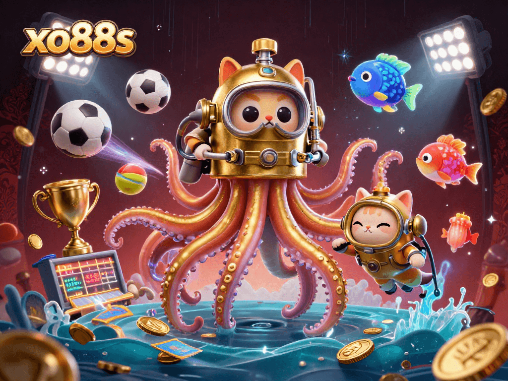 Experience the dynamic world of xo88s where a legendary kraken and a diving cat explore ocean treasures amidst flying sports elements.