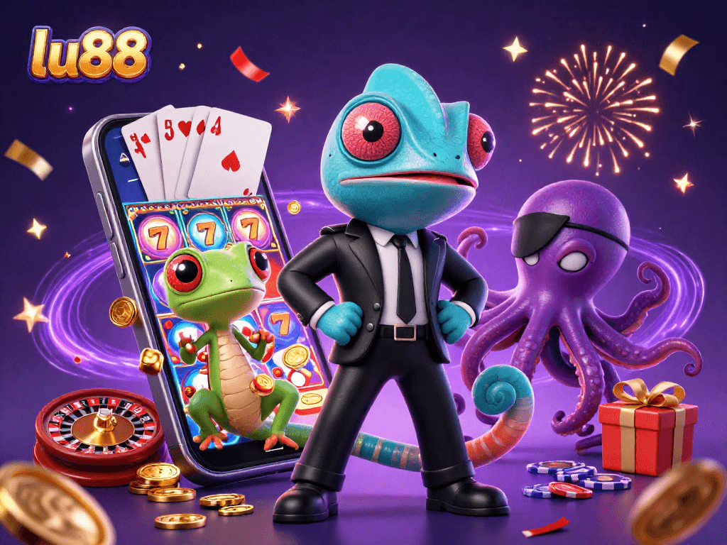 Join the adventure at lu88 and spin colorful slots with animated characters in a vibrant casino scene.