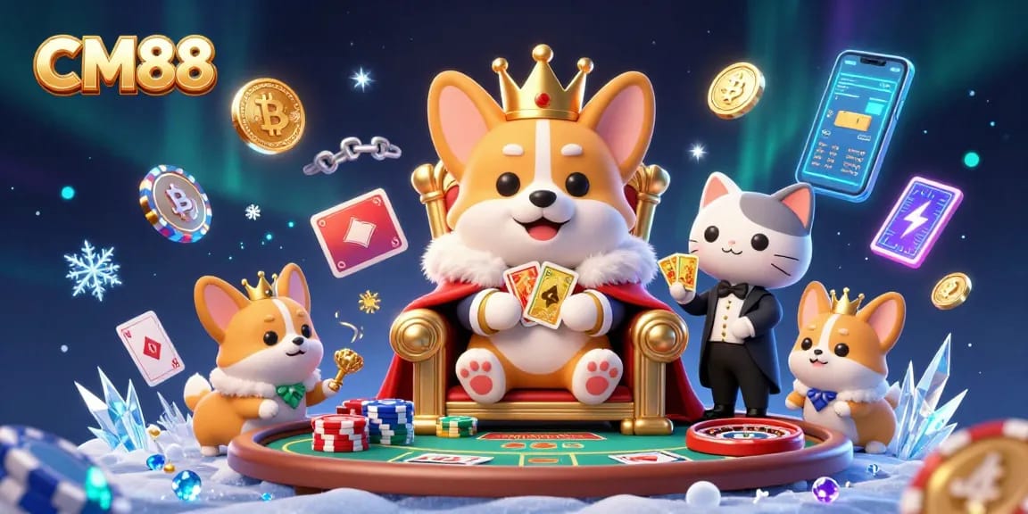 Engage with CM88 at a lively poker scene featuring a royal corgi and a butler in a vibrant casino