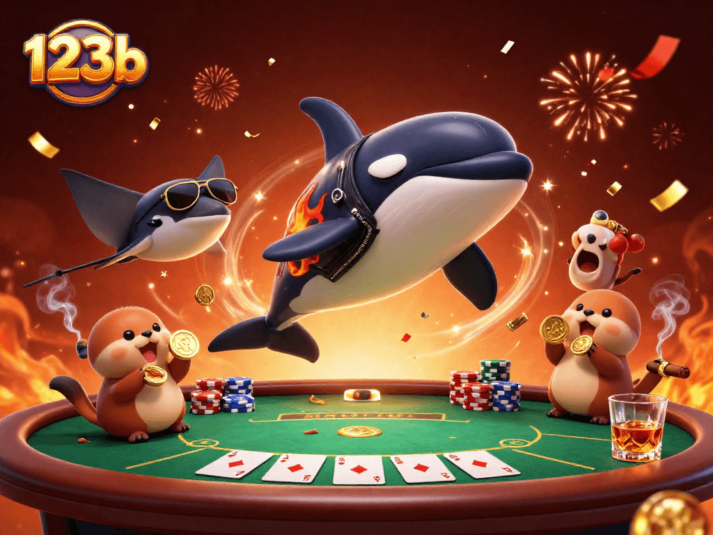 Experience thrilling games with 123b's dynamic characters winning in a vibrant casino scene.