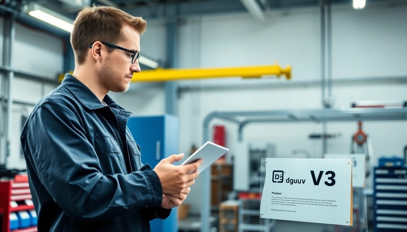Technician performing a DGUV V3 Prüfung on electrical equipment in a professional workshop.