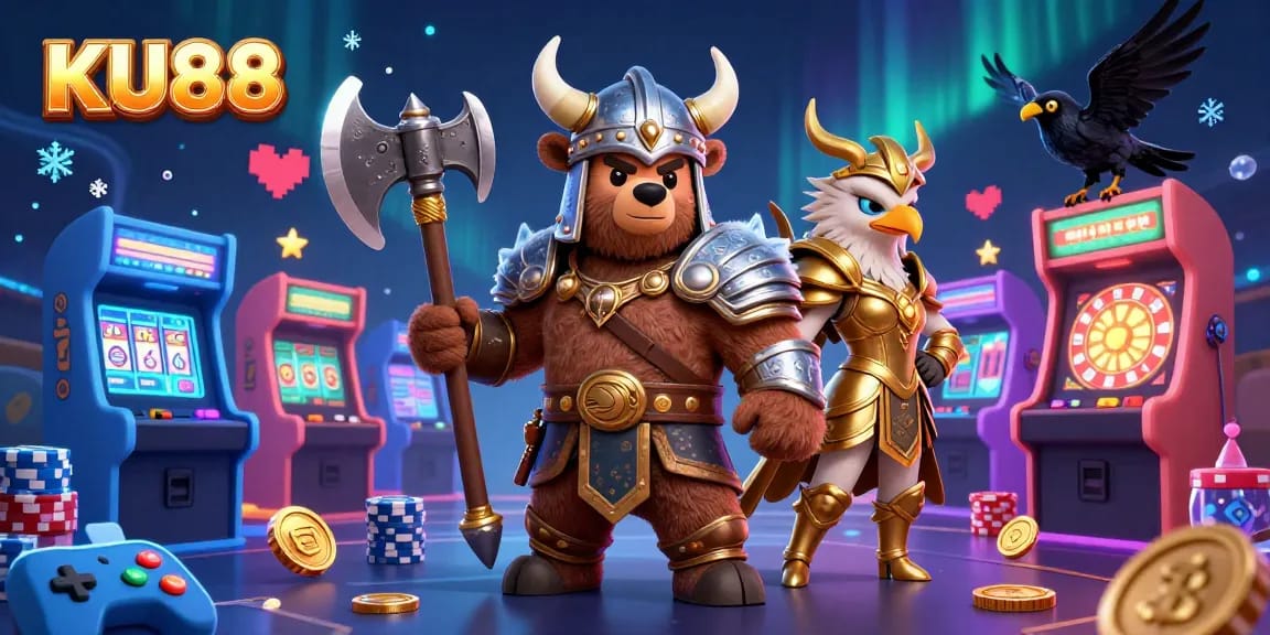 Engage in thrilling gameplay at KU88 with our vibrant 3D illustration showcasing Viking warriors, casino elements, and arcade excitement.