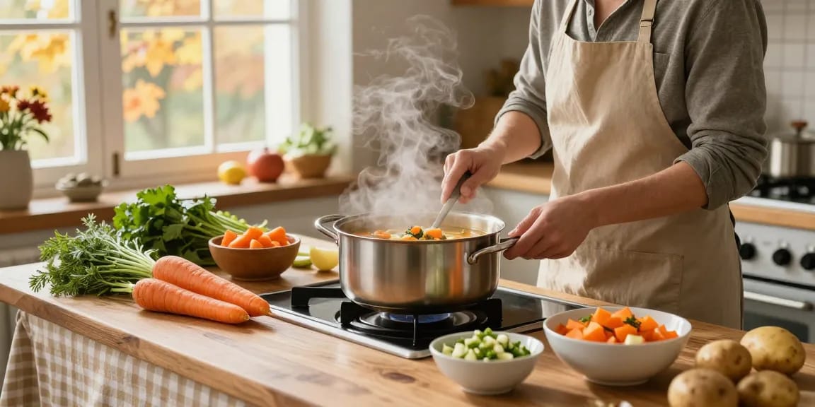 Leckere Zubereitung vegetarischer Suppe mit frischen Zutaten in einer gemütlichen Küche