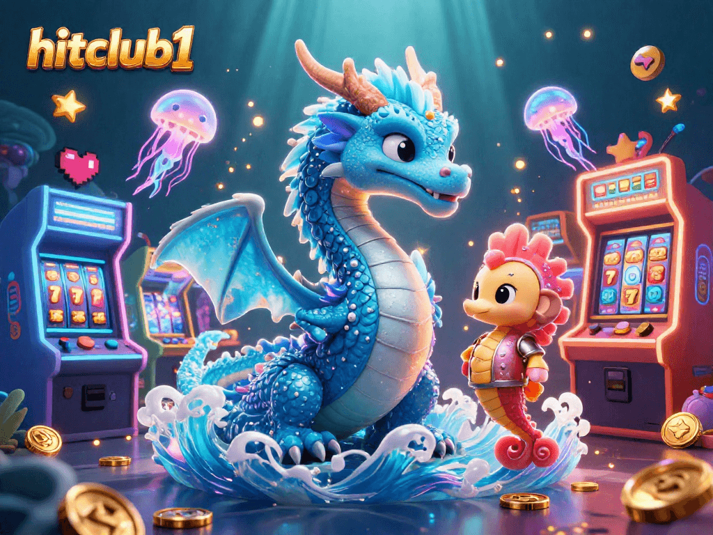 hitclub1 showcases a vibrant underwater casino world with a dragon, seahorse knight, and slot machines.