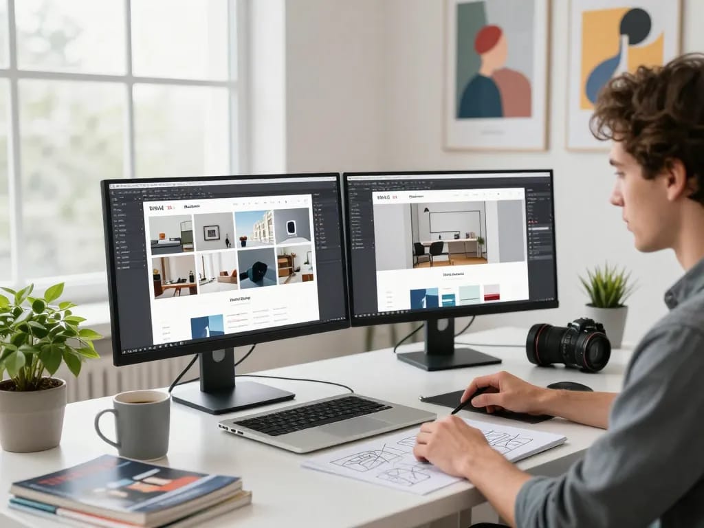 Webdesign-Freiberufler arbeitet in einem hellen, modernen Büro und erstellt responsive Webseitendesigns.