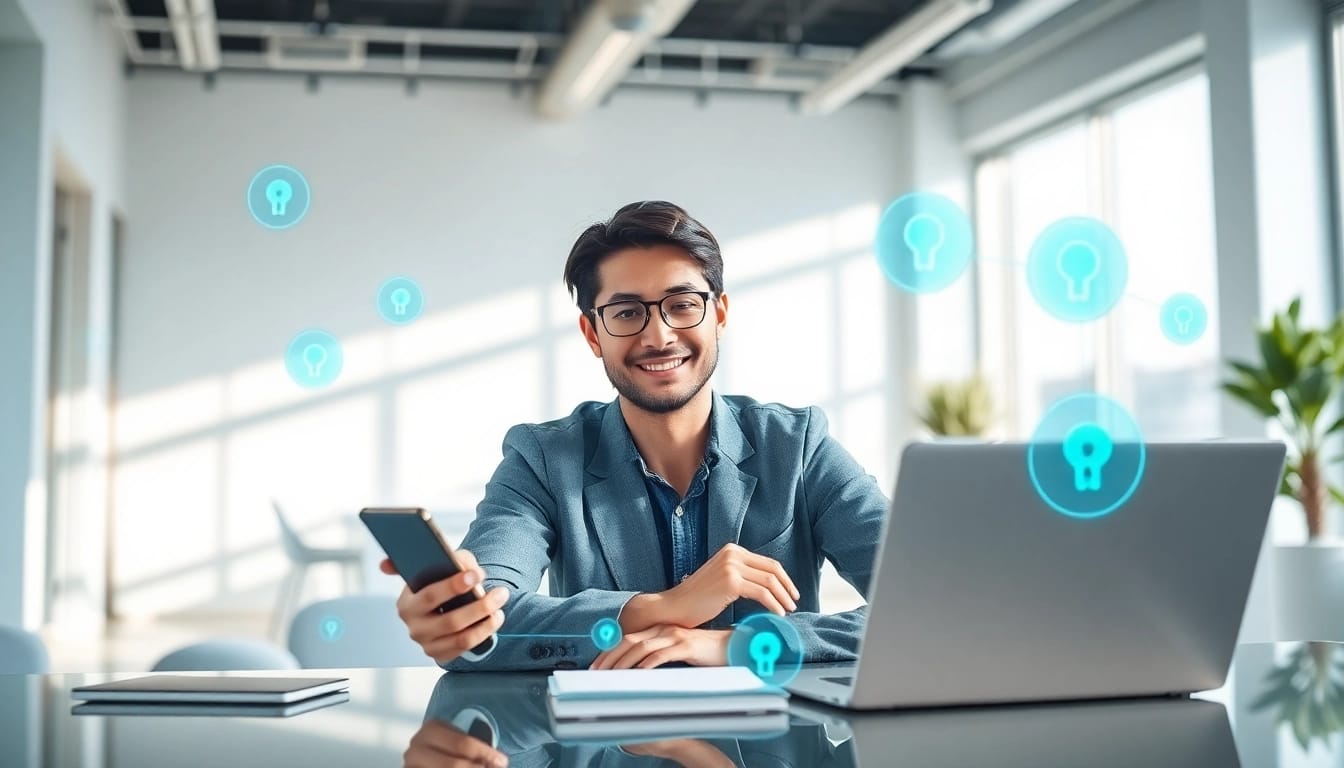快连下载 - 用户在现代办公室环境中通过设备轻松连接快速 VPN。
