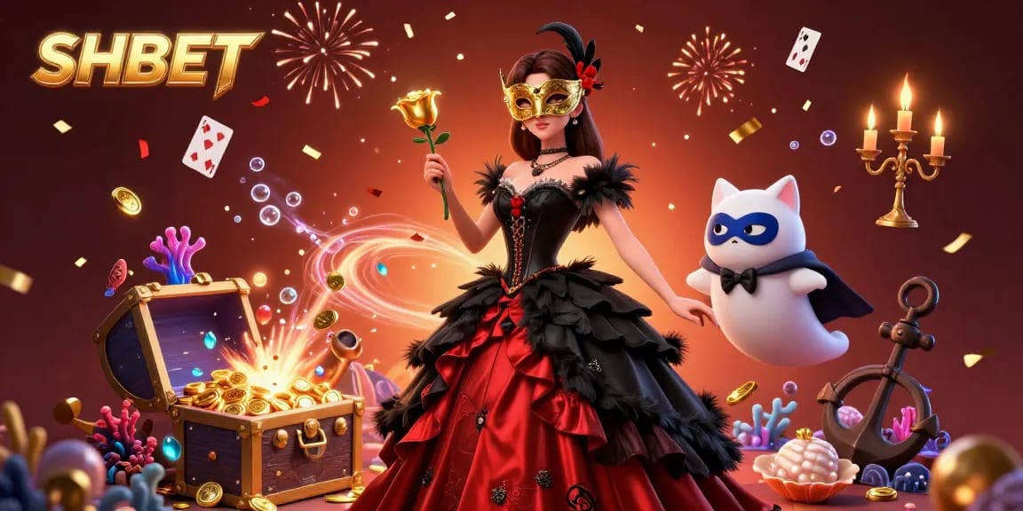 Experience the thrill of SHBET with a dazzling casino scene featuring rich colors, games, and festive elements.
