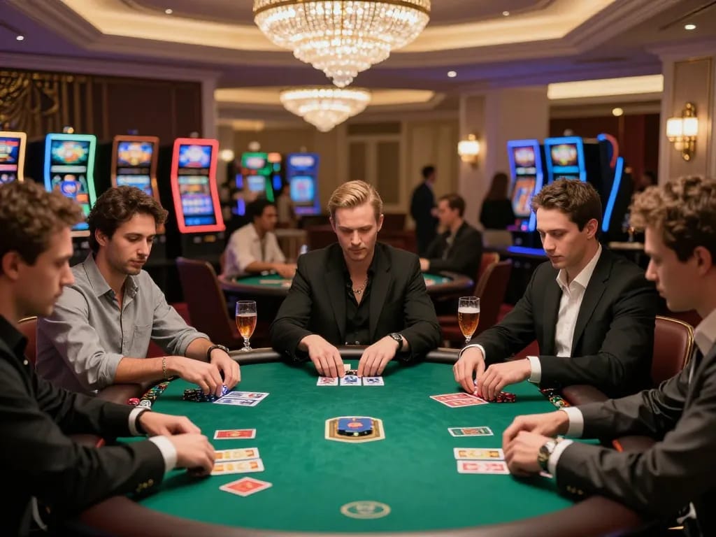 Players engaging in strategic poker at a luxurious 56 WIN casino room, showcasing high-stakes gameplay.