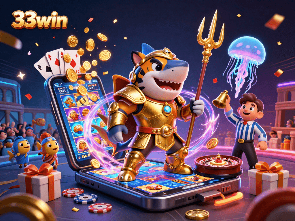 Engage with 33win’s vibrant underwater casino world featuring a golden shark and dynamic games.