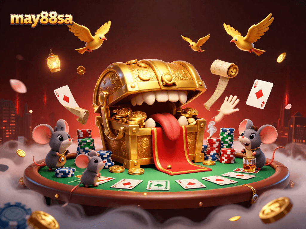 May88sa showcases a vibrant 3D casino scene inviting players to engage with poker tables and treasure.