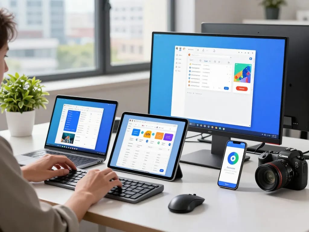 Experience the features of 谷歌浏览器 on multiple devices in a modern tech workspace.