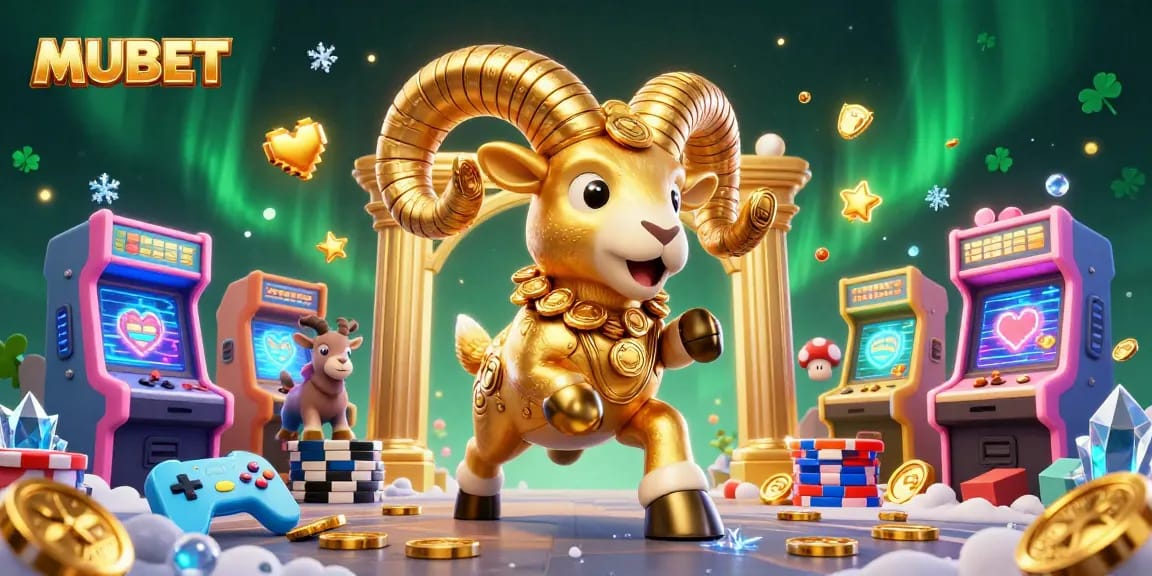 MUBET showcases a vibrant 3D casino illustration with a golden ram charging, surrounded by arcade machines.