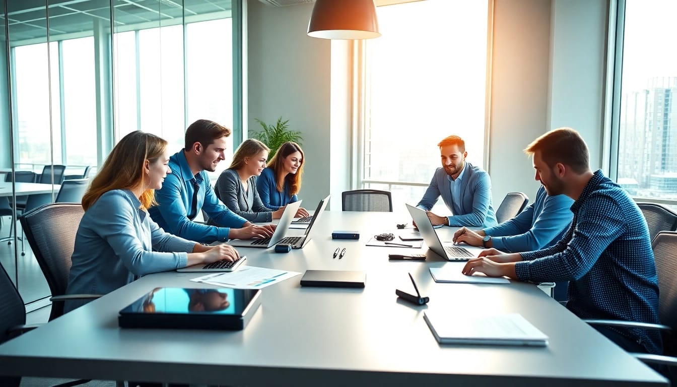 IT Solutions Magdeburg team collaborating in a modern office setting, brainstorming innovative ideas.