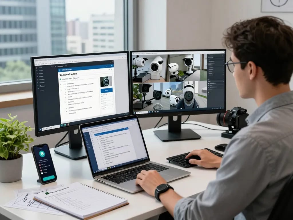 Professionelle Verwaltung der Synology Surveillance Station Einrichtung mit zwei Monitoren und Sicherheitsfeeds in einem modernen Büro.