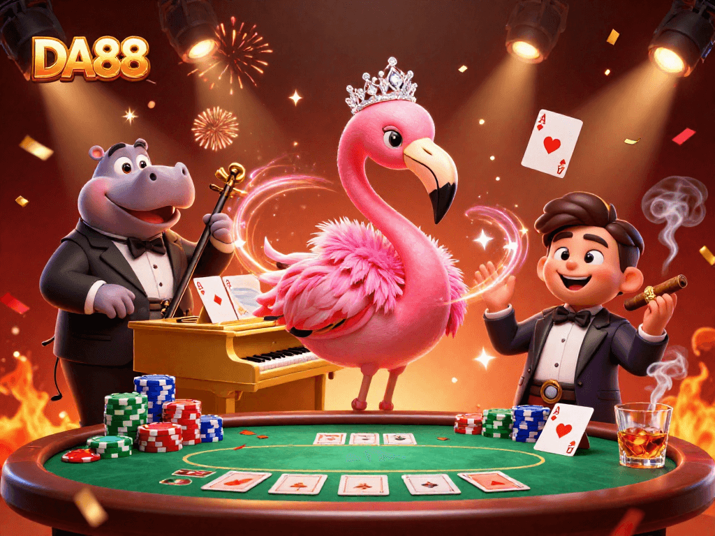 Join the vibrant casino scene at DA88 with a lively flamingo and hippo duo amid poker excitement.