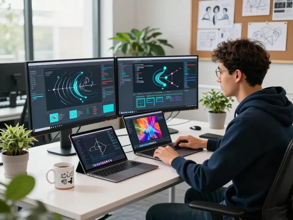 Creating AI videos with free motion control in a modern tech workspace.